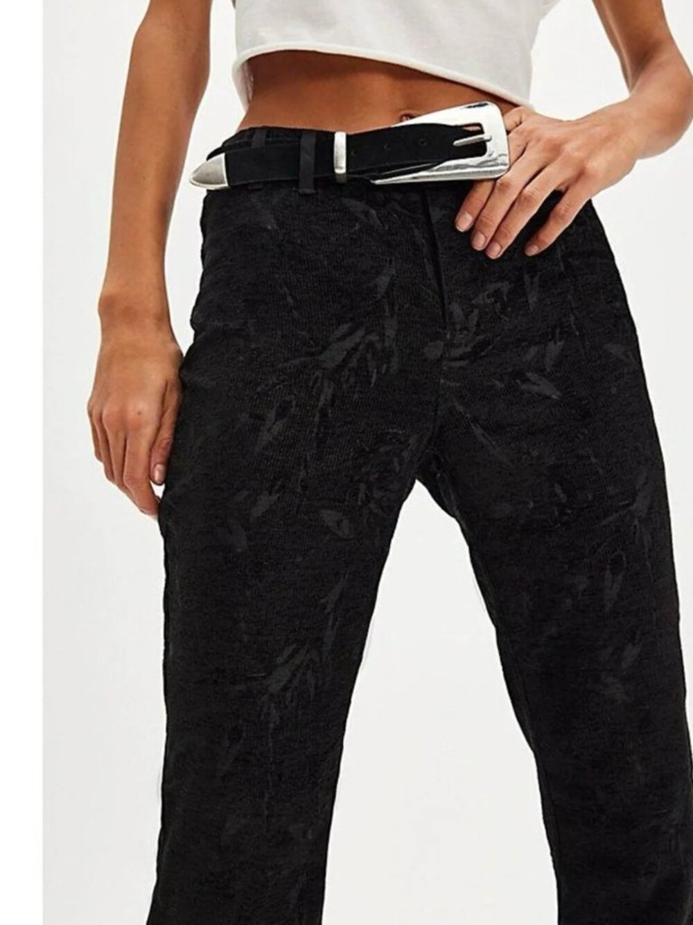 NWT! The Free People Zoe Tux Floral Velvet Flare Pants in Jacquard Black Sz 6